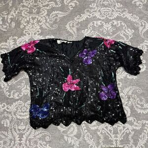 Petite Illustrations Women's Floral Sequin Beaded Blouse Black Size S